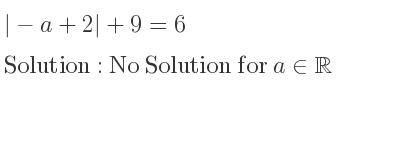 The answer to |-a+2|+9=6 is No Solution for a\in\mathbb{R}